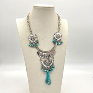 Jules B Silver Tone Turquoise Crystal Boho Bib Statement Necklace